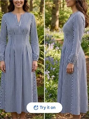 belk Navy & White Vertical-Stripe V-Notch Long-Sleeve A-Line Midi Dress